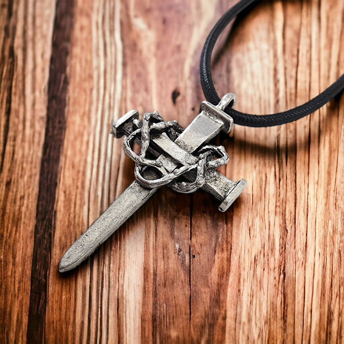 Nail Crown Cross Large Pendant Antique Silver Metal Finish Black Cord Necklace