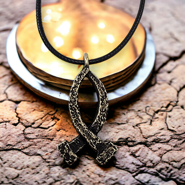 Ichthus Fish Hammered Nails Large Brass Finish Black Cord Necklace