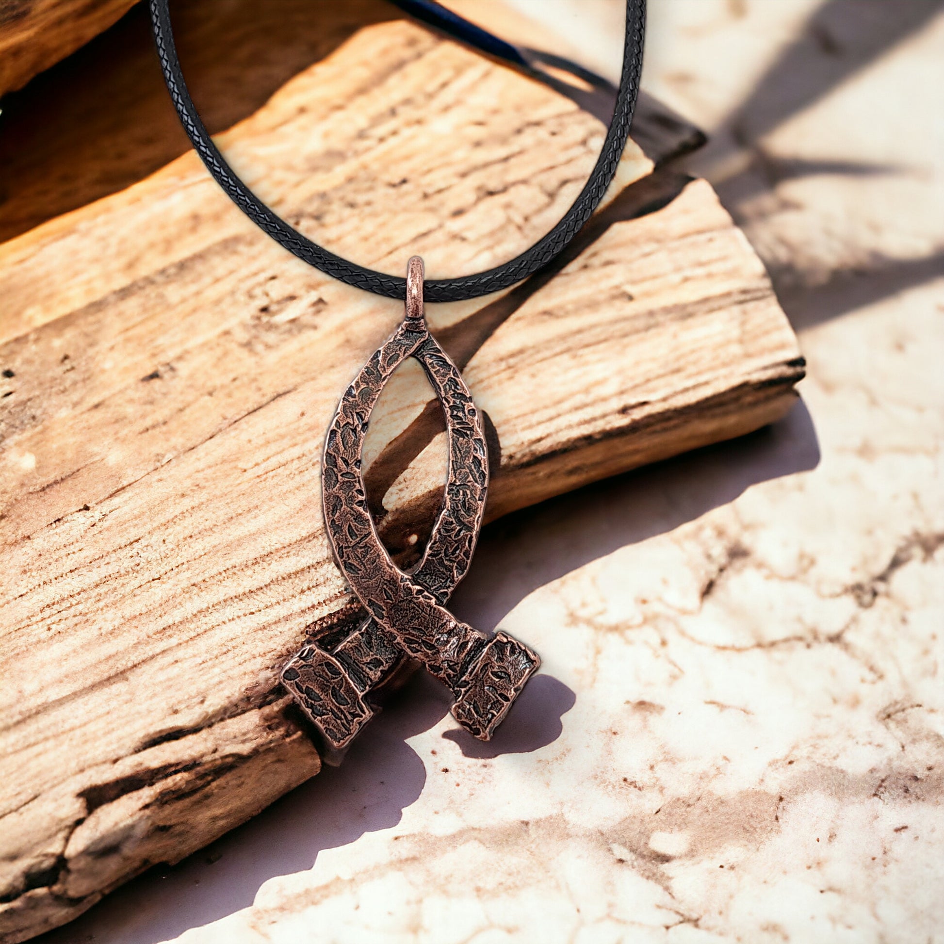 Ichthus Fish Hammered Nails Large Copper Finish Black Cord Necklace