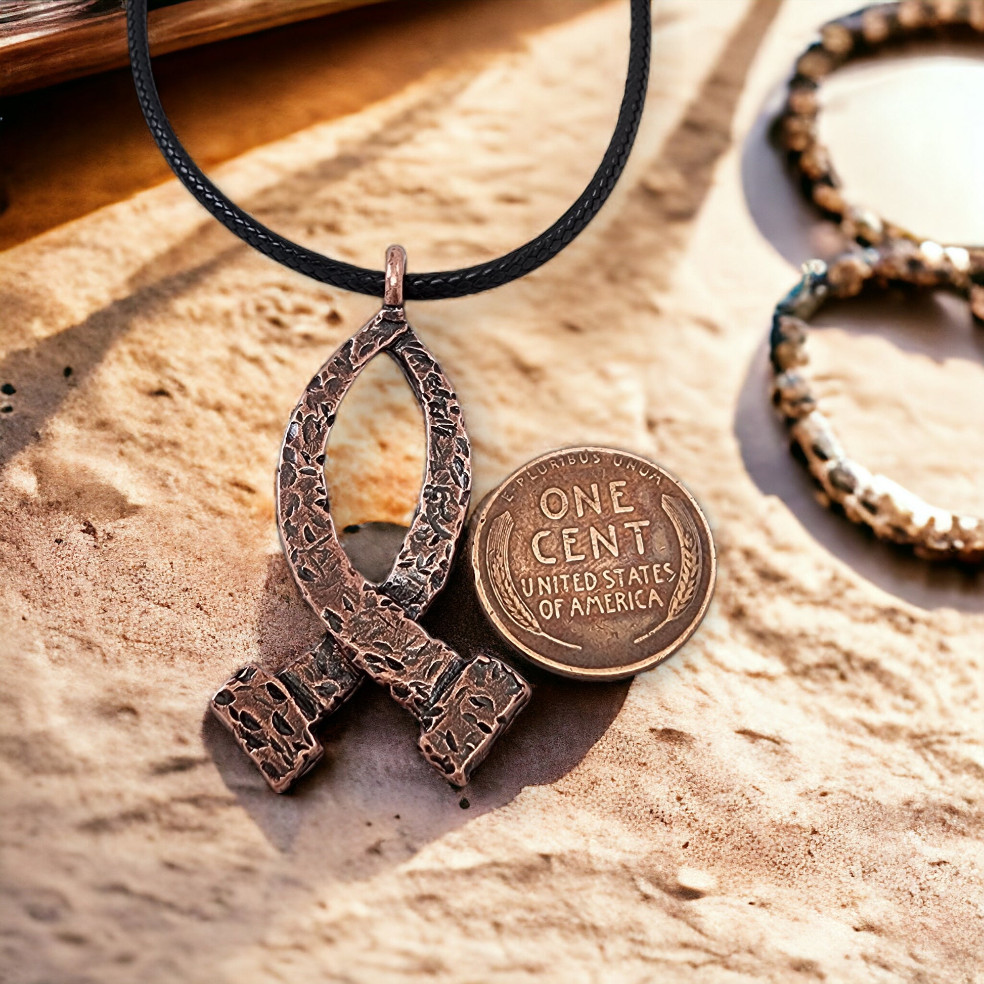 Ichthus Fish Hammered Nails Large Copper Finish Black Cord Necklace