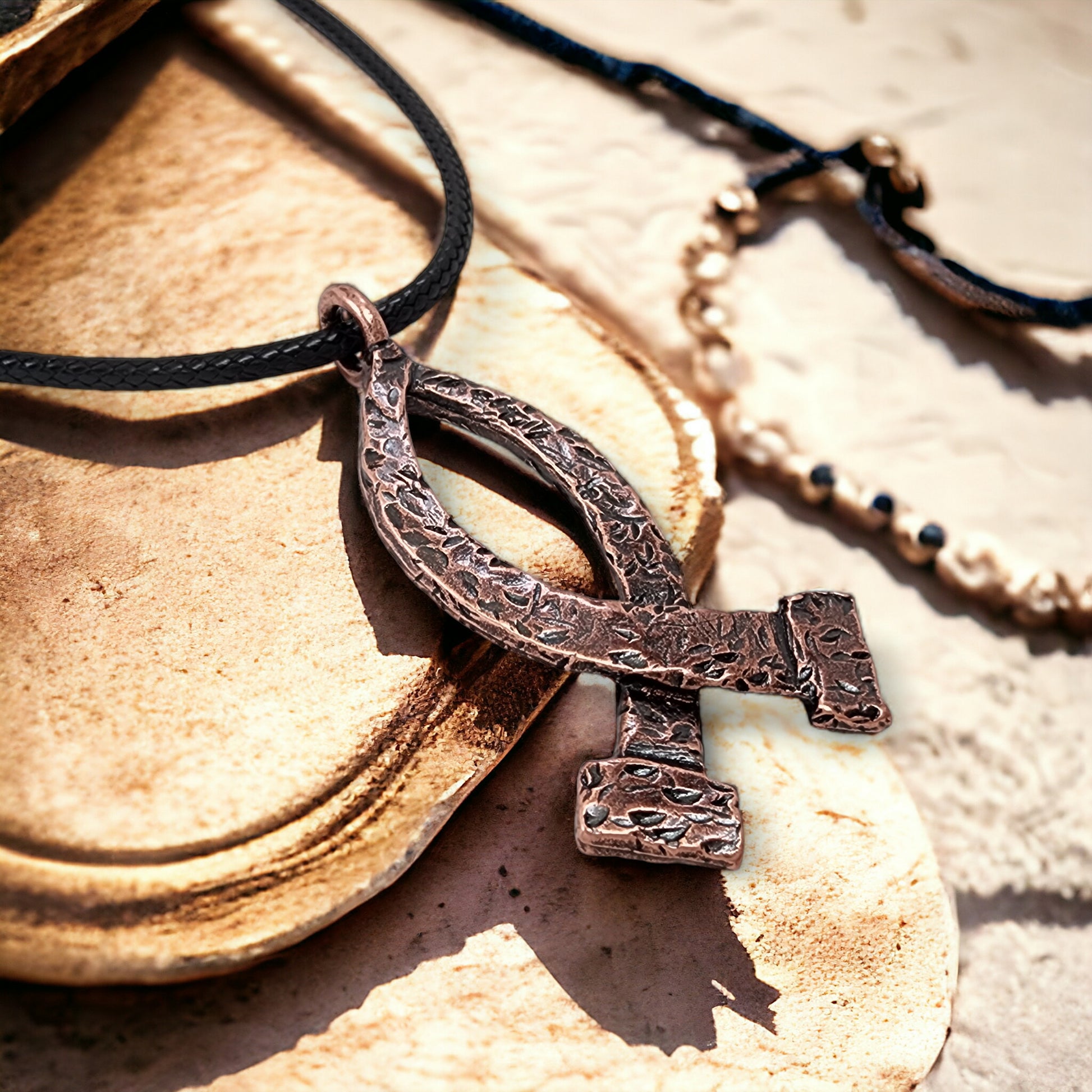 Ichthus Fish Hammered Nails Large Copper Finish Black Cord Necklace