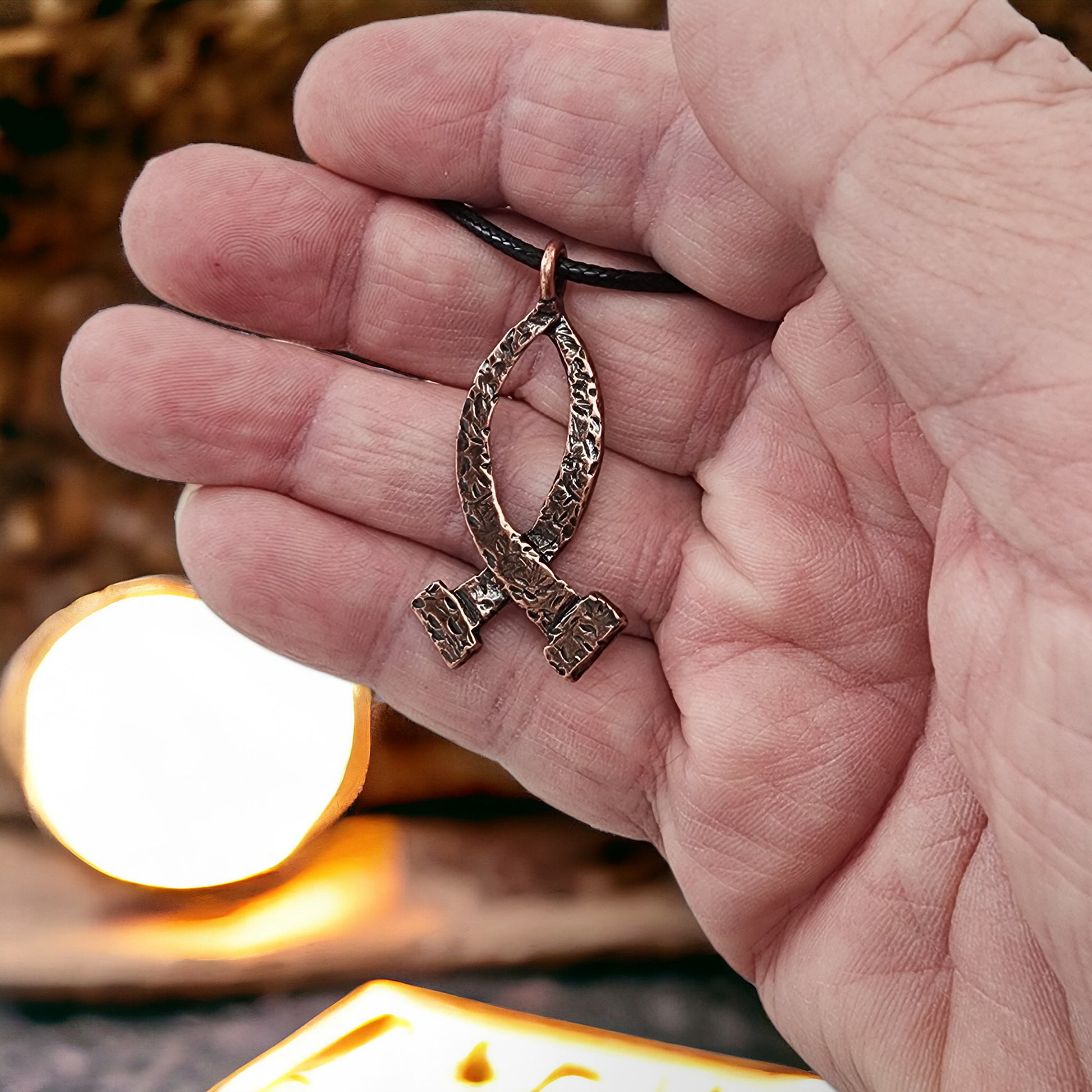 Ichthus Fish Hammered Nails Large Copper Finish Black Cord Necklace
