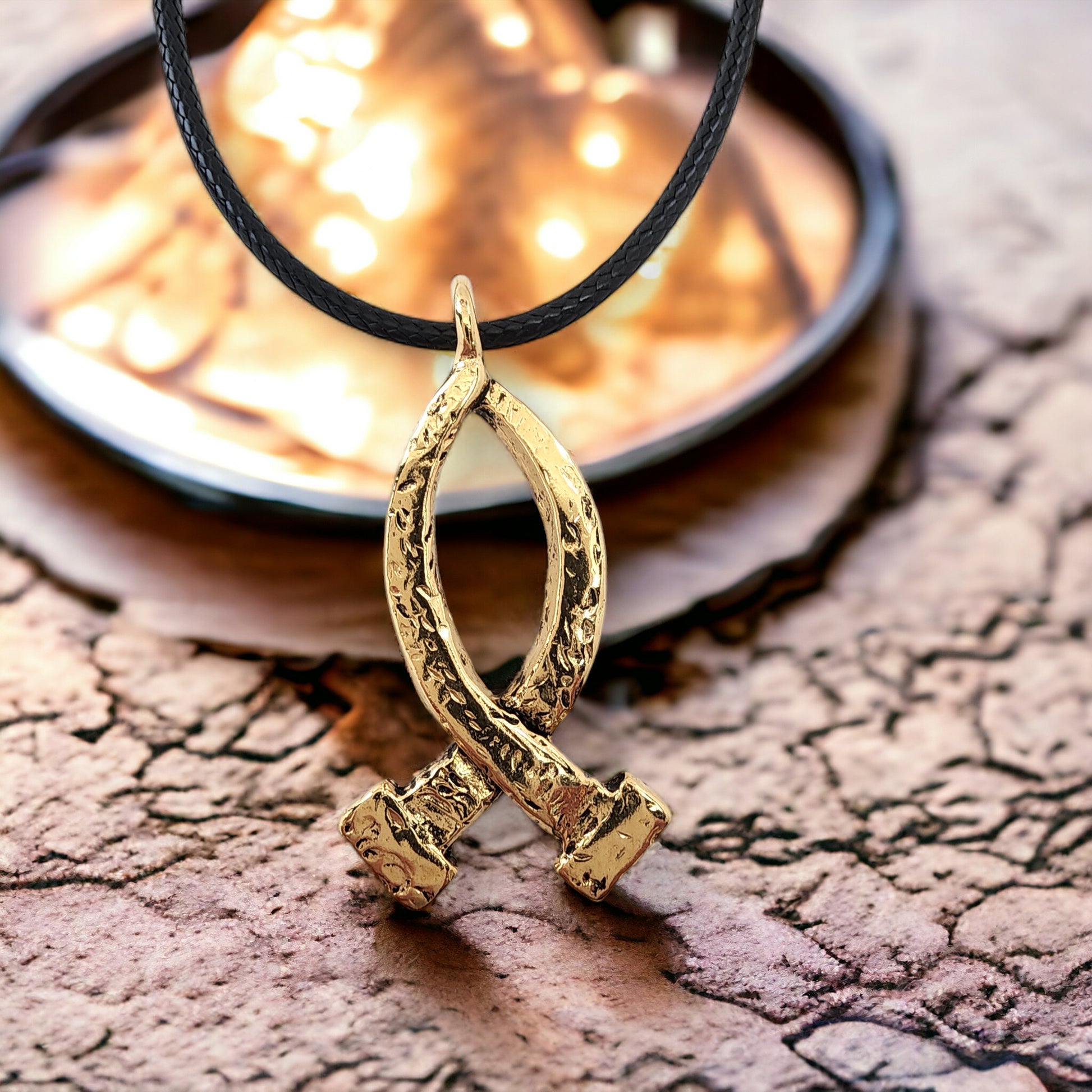 Ichthus Gold Finish Fish Hammered Nails Large Black Rubber Necklace