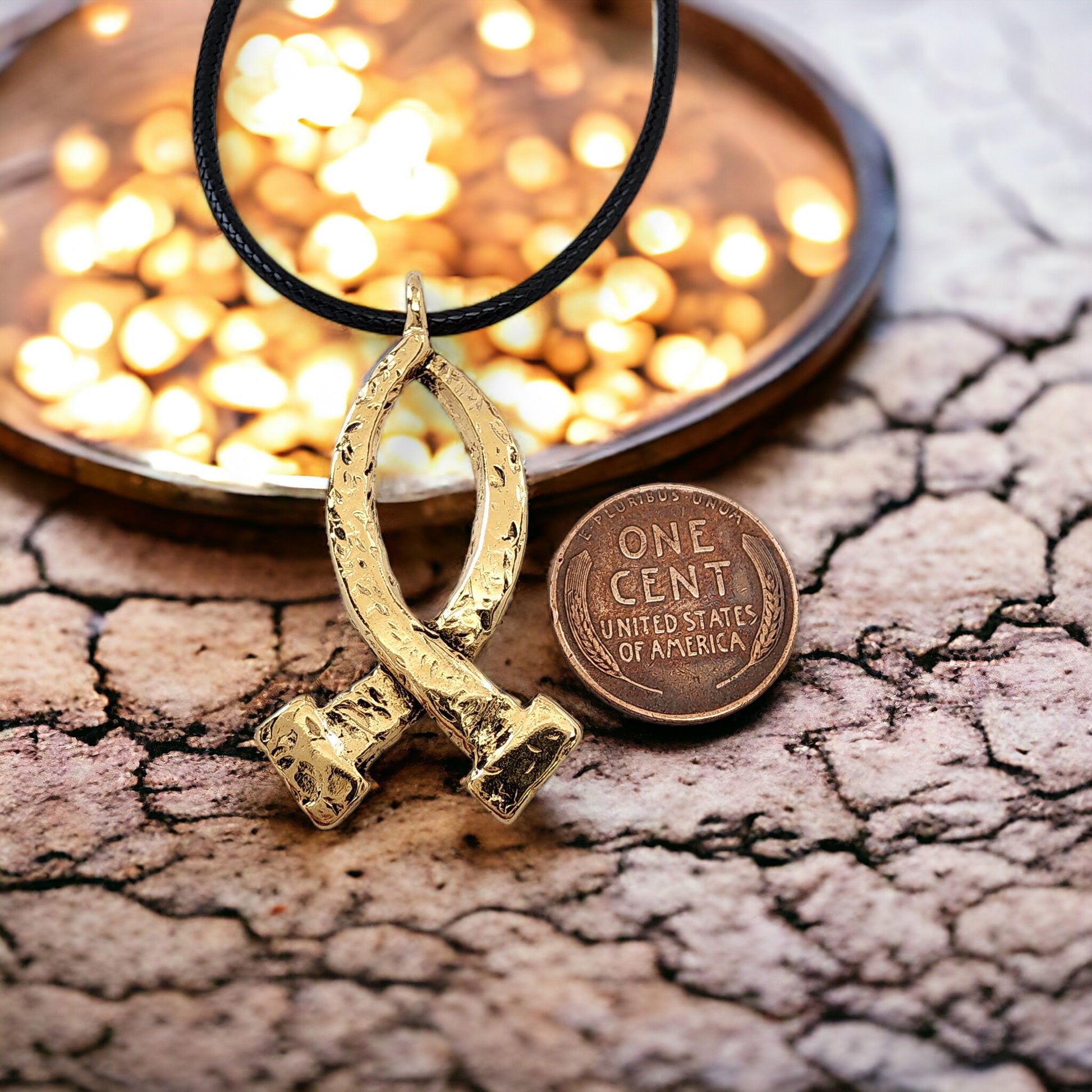 Ichthus Gold Finish Fish Hammered Nails Large Black Rubber Necklace