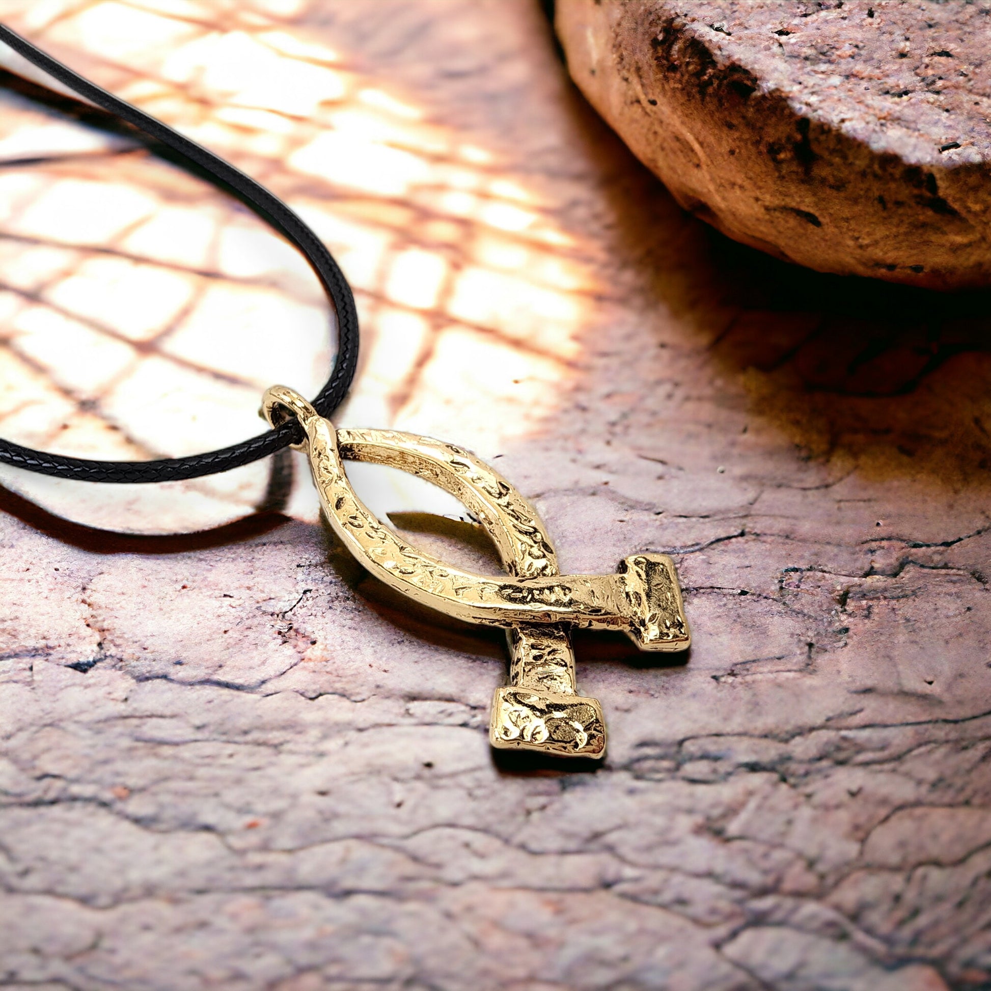 Ichthus Gold Finish Fish Hammered Nails Large Black Rubber Necklace