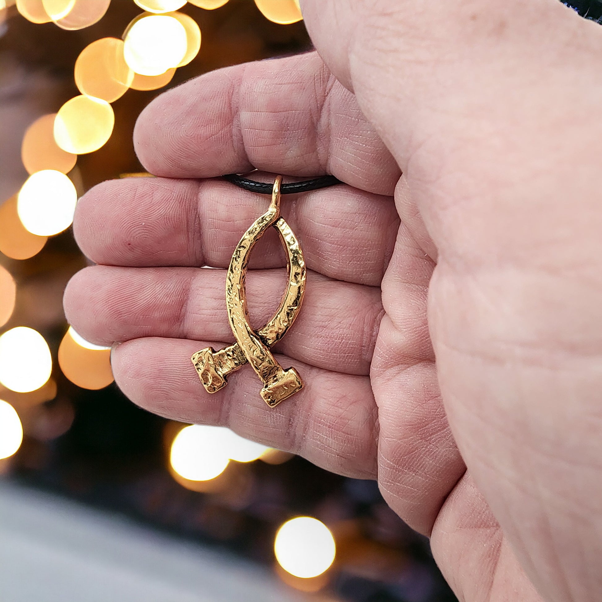 Ichthus Gold Finish Fish Hammered Nails Large Black Rubber Necklace