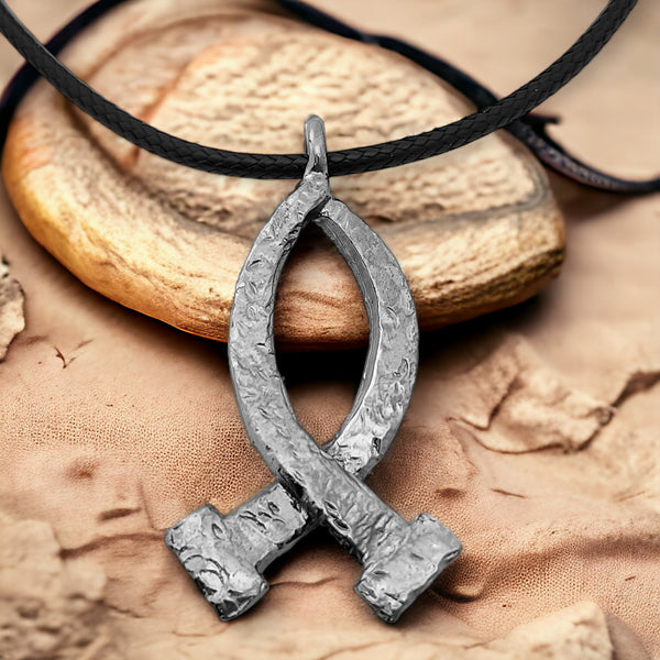 Ichthus Dark Metal Finish Fish Hammered Nails Large Black Cord Necklace