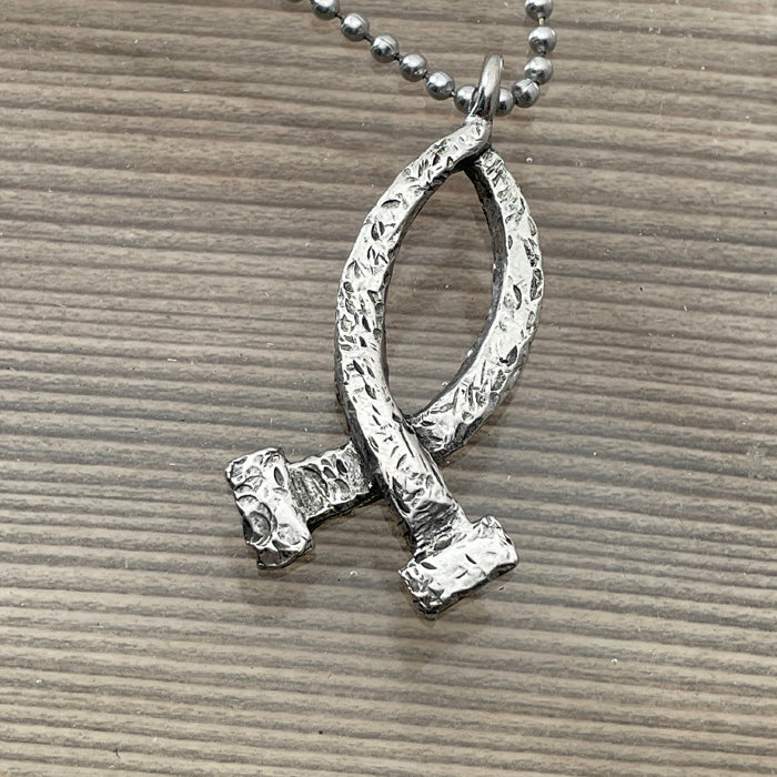 Ichthus Fish Hammered Nails Large Ball Chain Necklace