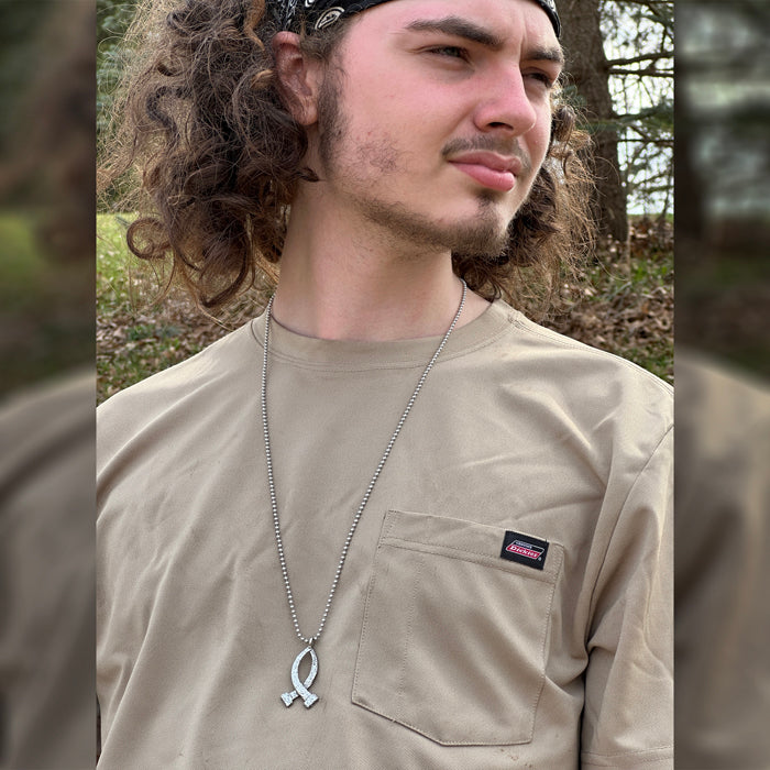 Ichthus Fish Hammered Nails Large Ball Chain Necklace