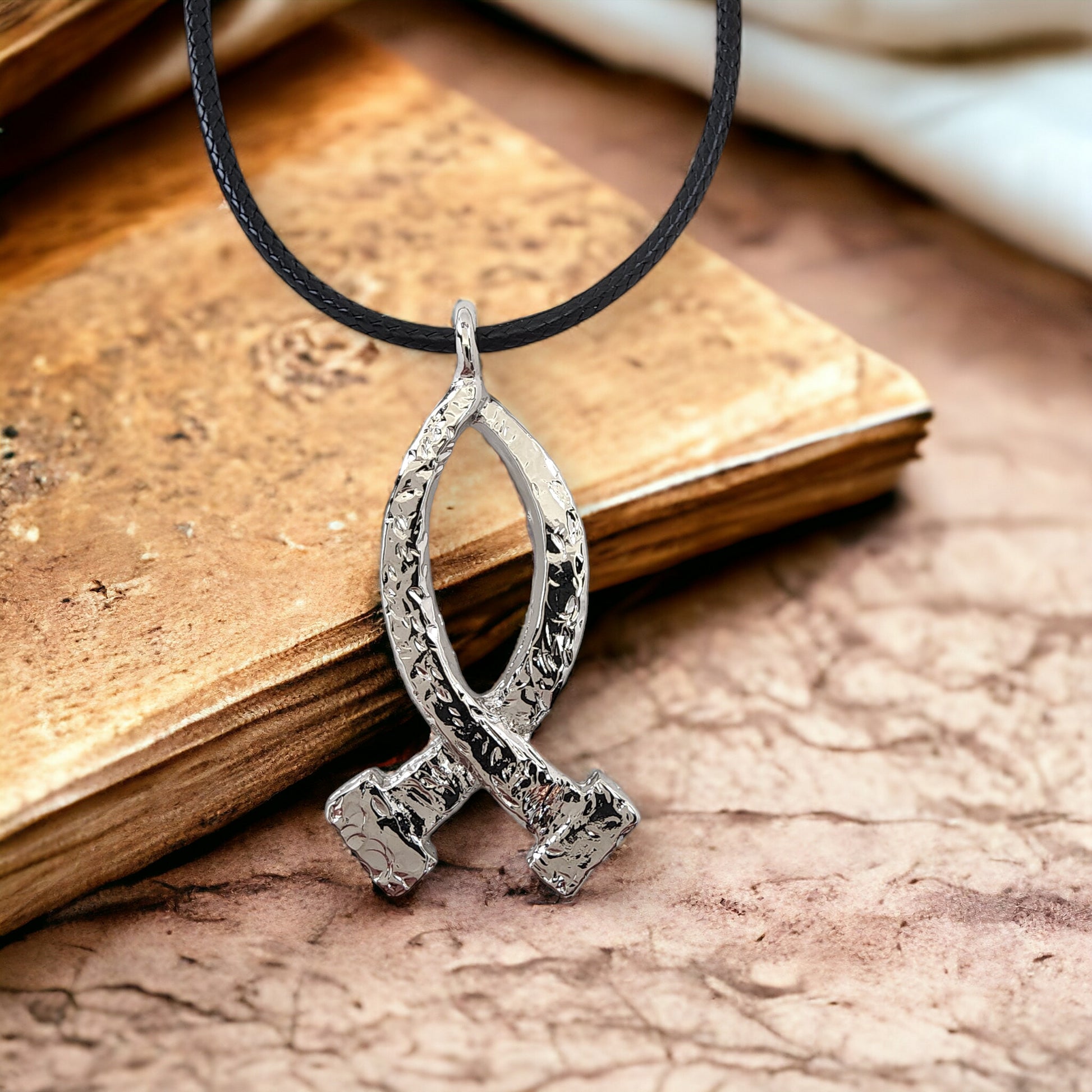 Ichthus Rhodium Finish Fish Hammered Nails Large Black Cord Necklace