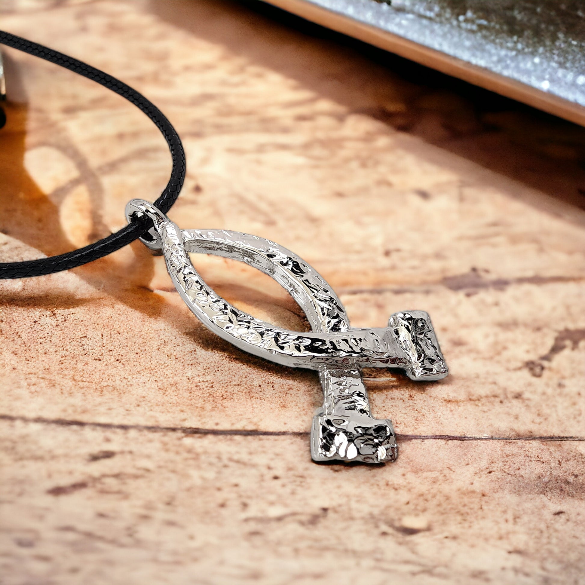 Ichthus Rhodium Finish Fish Hammered Nails Large Black Cord Necklace
