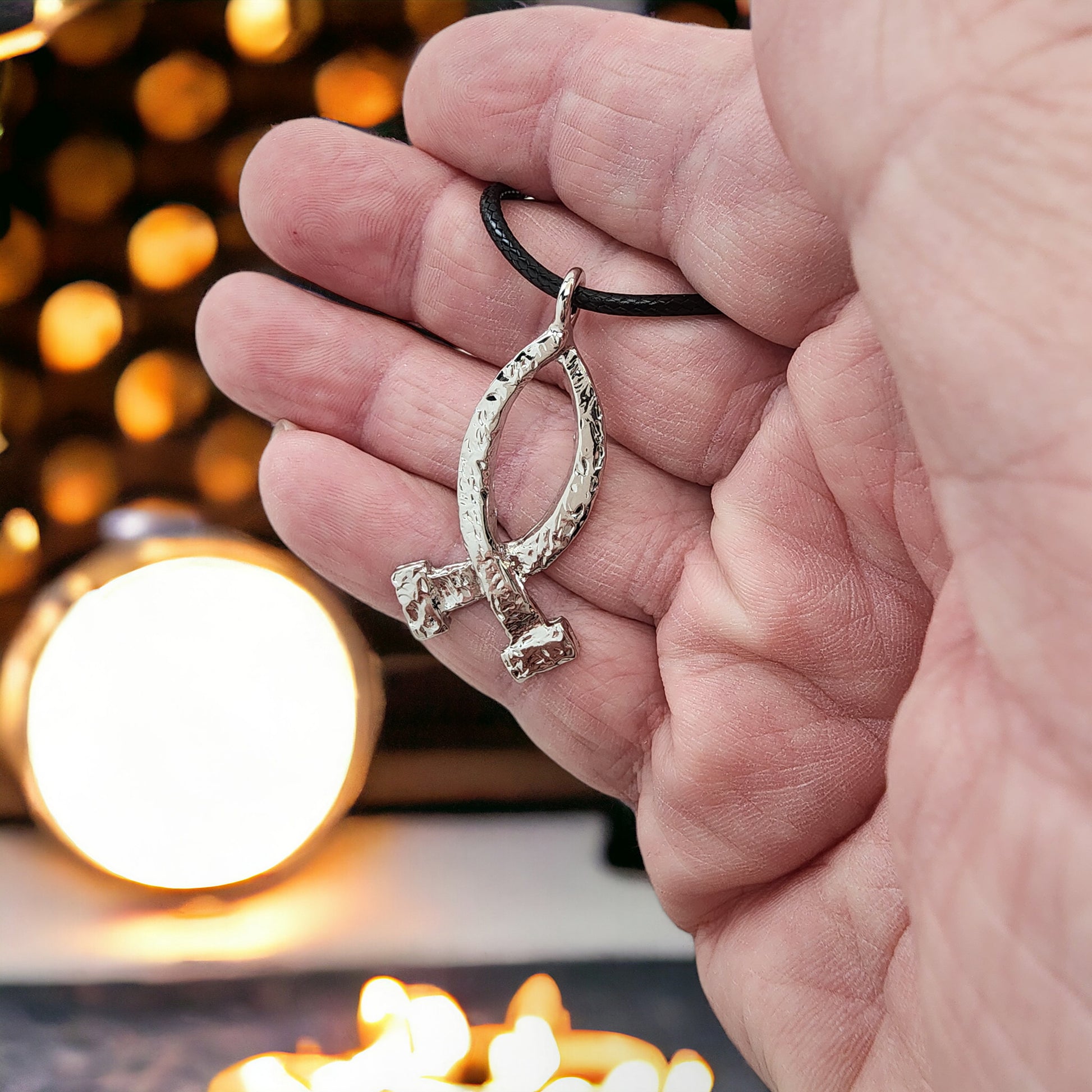 Ichthus Rhodium Finish Fish Hammered Nails Large Black Cord Necklace