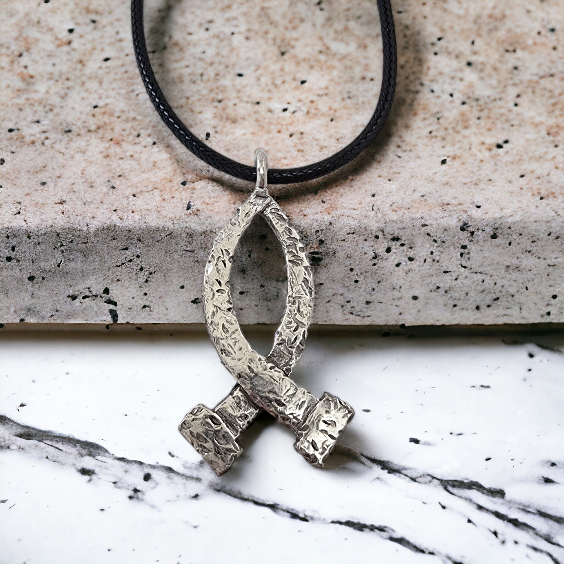 Ichthus Fish Hammered Nails Large Black Cord Necklace
