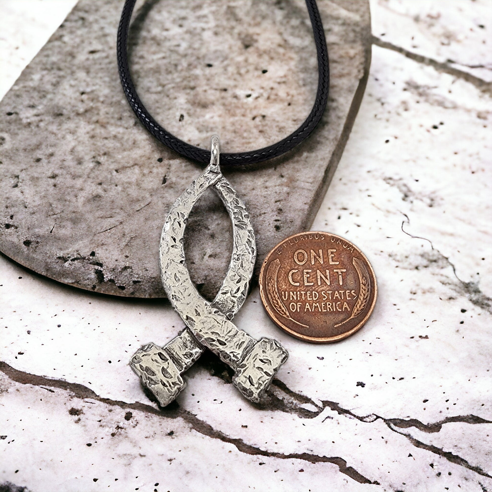Ichthus Fish Hammered Nails Large Black Cord Necklace
