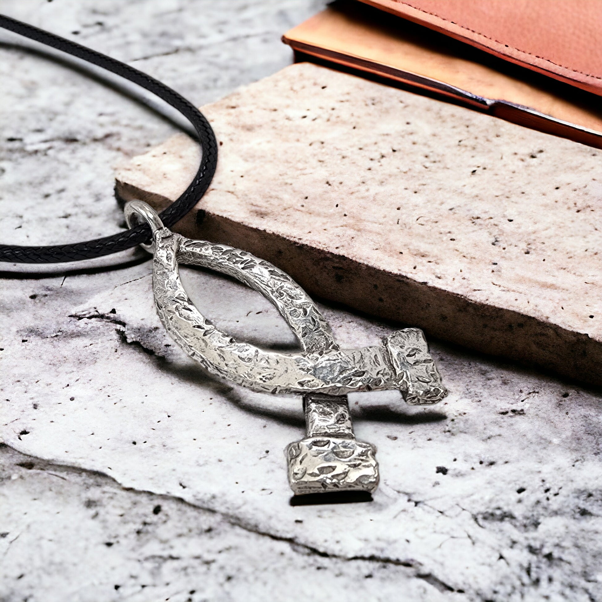 Ichthus Fish Hammered Nails Large Black Cord Necklace