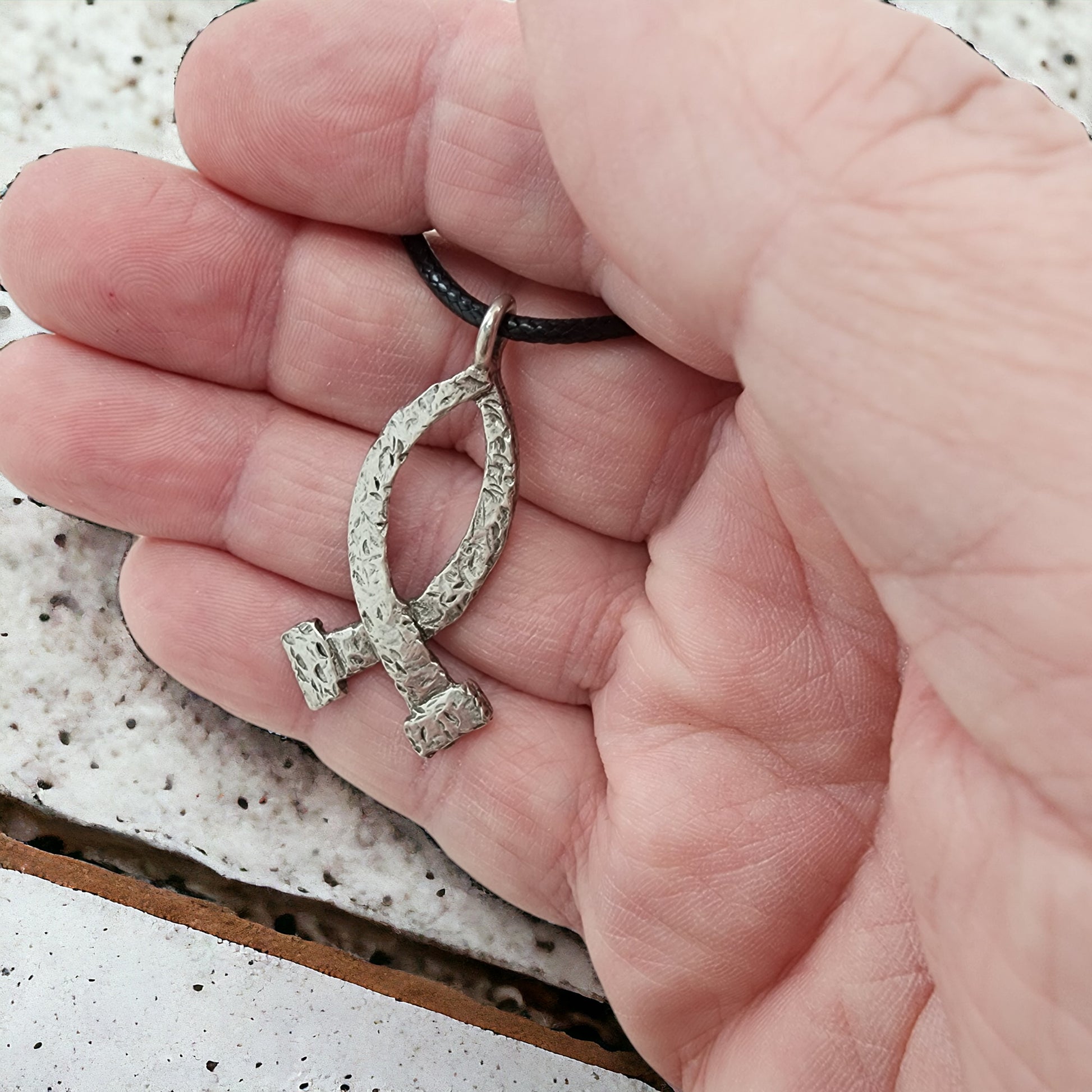 Ichthus Fish Hammered Nails Large Black Cord Necklace