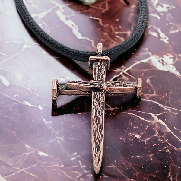 Nail Cross Large Rugged Antique Copper Finish Pendant Black Cord Necklace