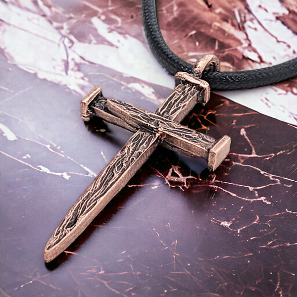 Nail Cross Large Rugged Antique Copper Finish Pendant Black Cord Necklace