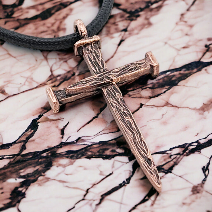 Nail Cross Large Rugged Antique Copper Finish Pendant Black Cord Necklace