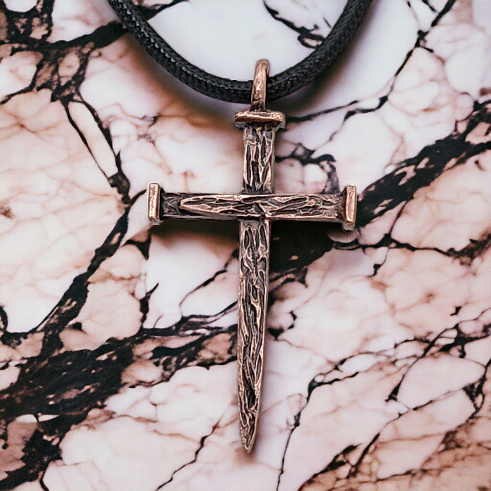 Nail Cross Large Rugged Antique Copper Finish Pendant Black Cord Necklace