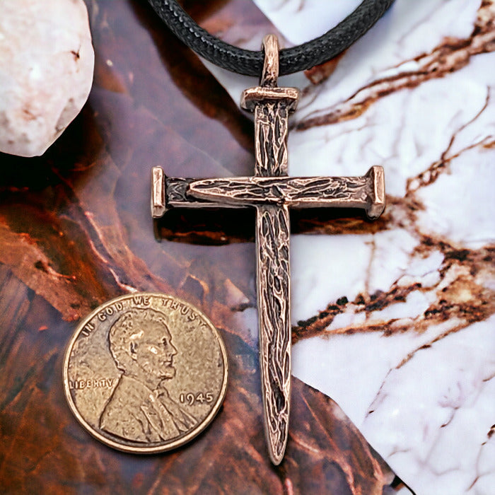 Nail Cross Large Rugged Antique Copper Finish Pendant Black Cord Necklace