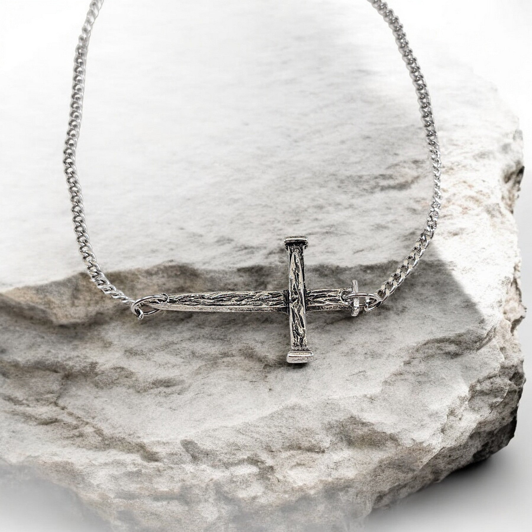 Nail Cross Large Sideways Antique Silver Finish Pendant Chain Necklace