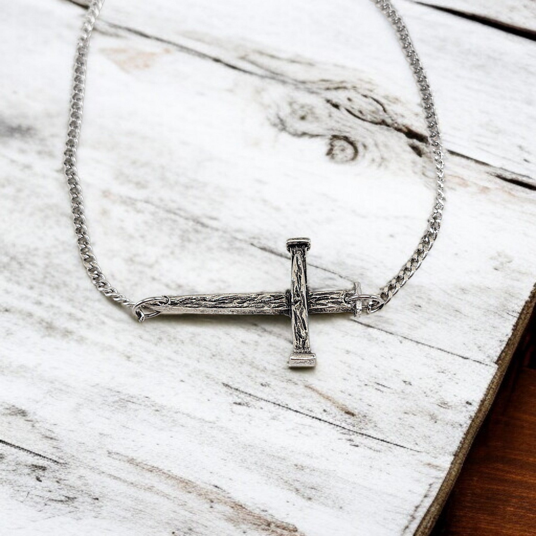 Nail Cross Large Sideways Antique Silver Finish Pendant Chain Necklace