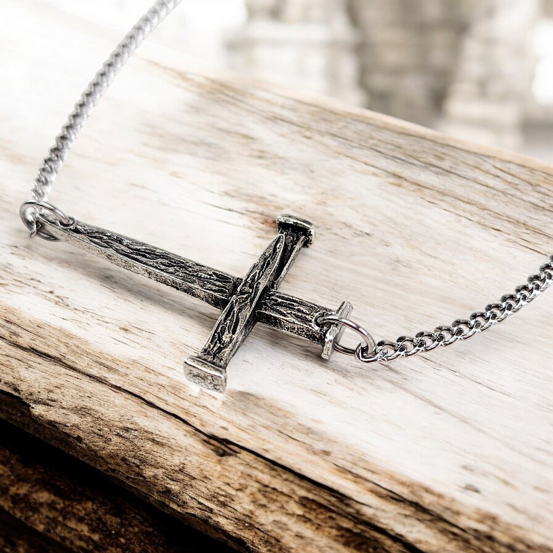 Nail Cross Large Sideways Antique Silver Finish Pendant Chain Necklace