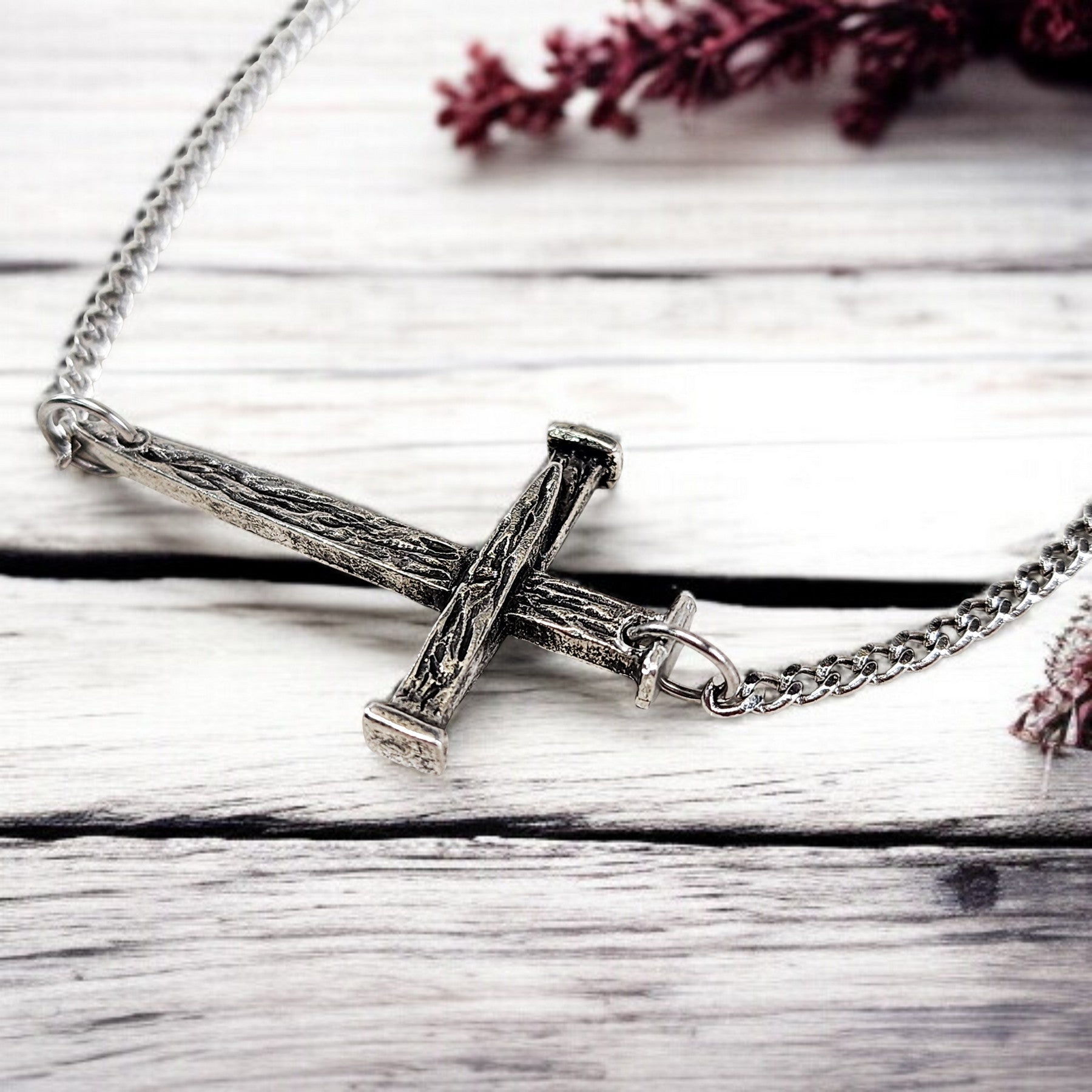 Nail Cross Large Sideways Antique Silver Finish Pendant Chain Necklace