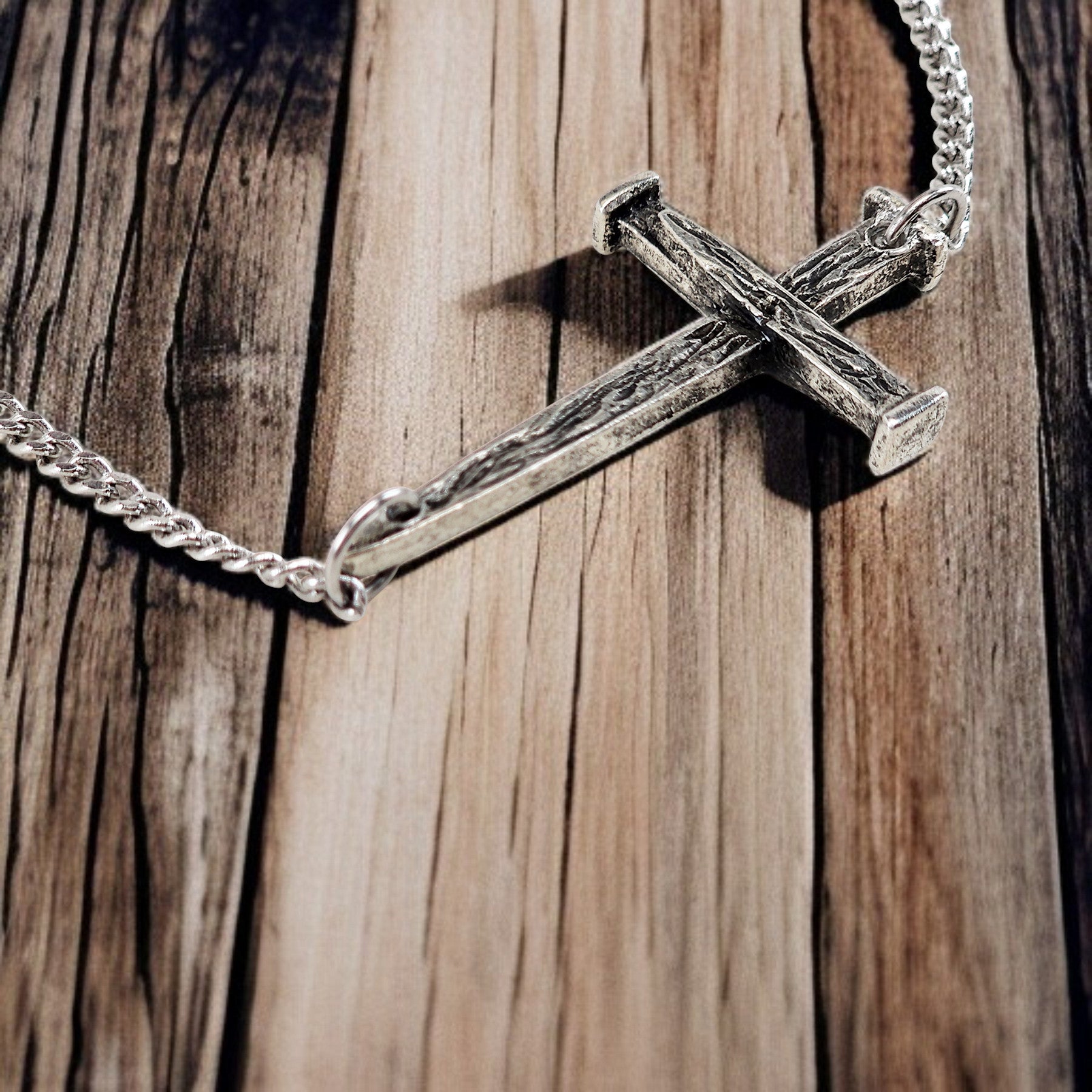 Nail Cross Large Sideways Antique Silver Finish Pendant Chain