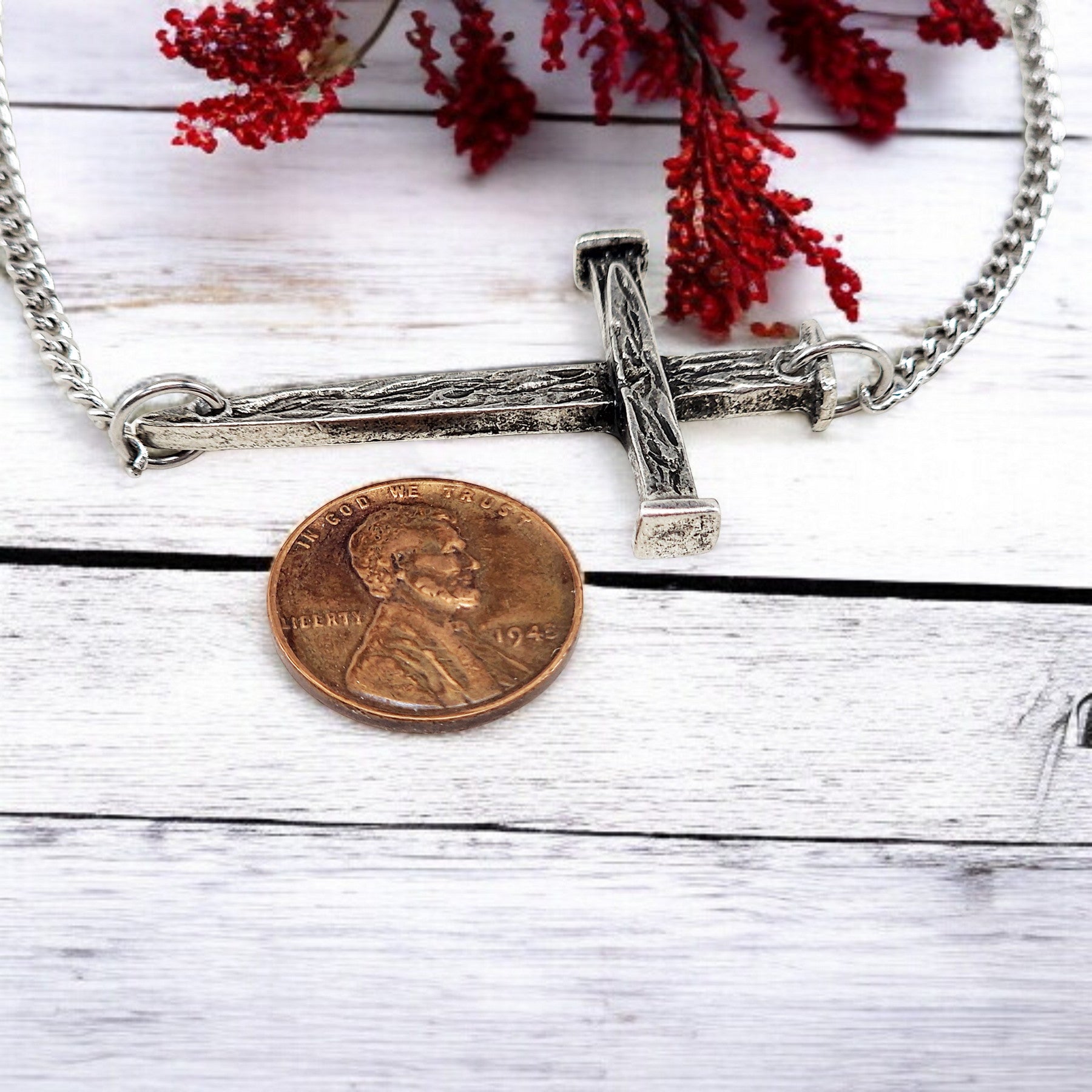 Nail Cross Large Sideways Antique Silver Finish Pendant Chain Necklace