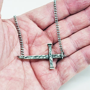 Nail Cross Large Sideways Antique Silver Finish Pendant Chain Necklace