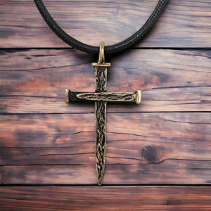 Nail Cross Large Rugged Antique Brass Finish Pendant Black Cord Necklace