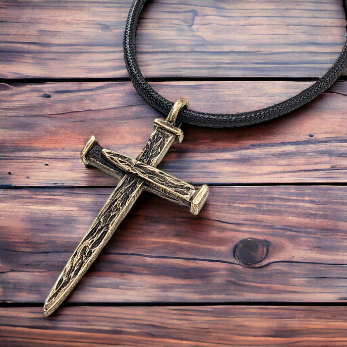 Nail Cross Large Rugged Antique Brass Finish Pendant Black Cord Necklace
