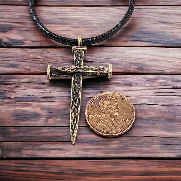 Nail Cross Large Rugged Antique Brass Finish Pendant Black Cord Necklace