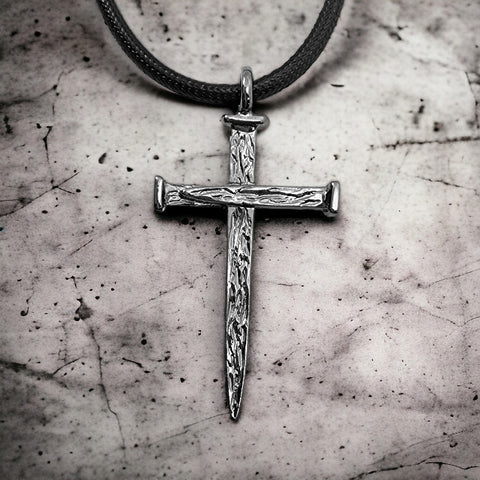 Nail Cross Large Rugged Dark Metal Finish Pendant Black Cord Necklace