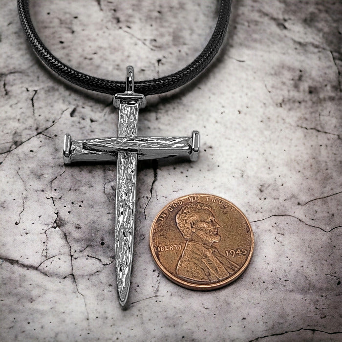 Nail Cross Large Rugged Dark Metal Finish Pendant Black Cord Necklace
