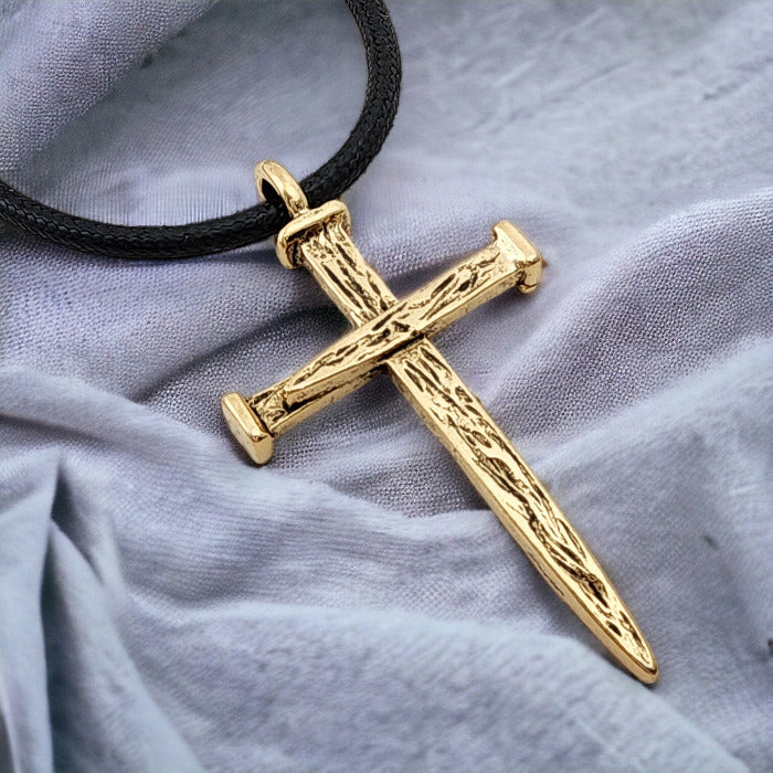 Nail Cross Large Rugged Gold Metal Finish Pendant Black Cord Necklace