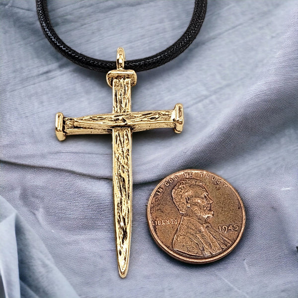 Nail Cross Large Rugged Gold Metal Finish Pendant Black Cord Necklace