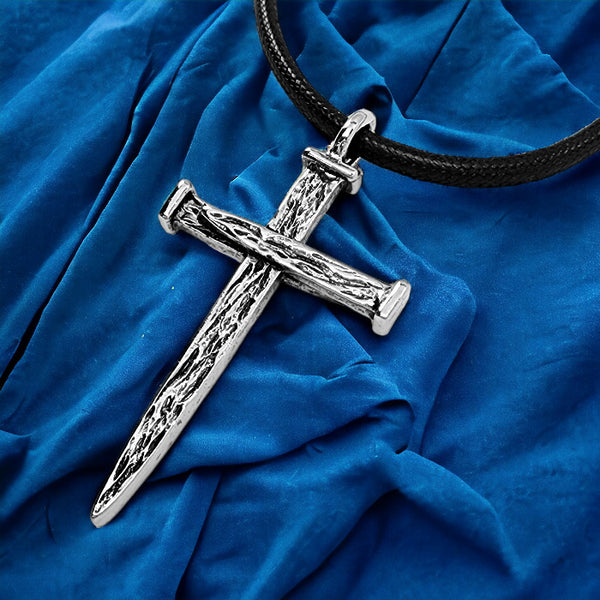 Nail Cross Large Rugged Rhodium Metal Finish Pendant Black Cord Necklace