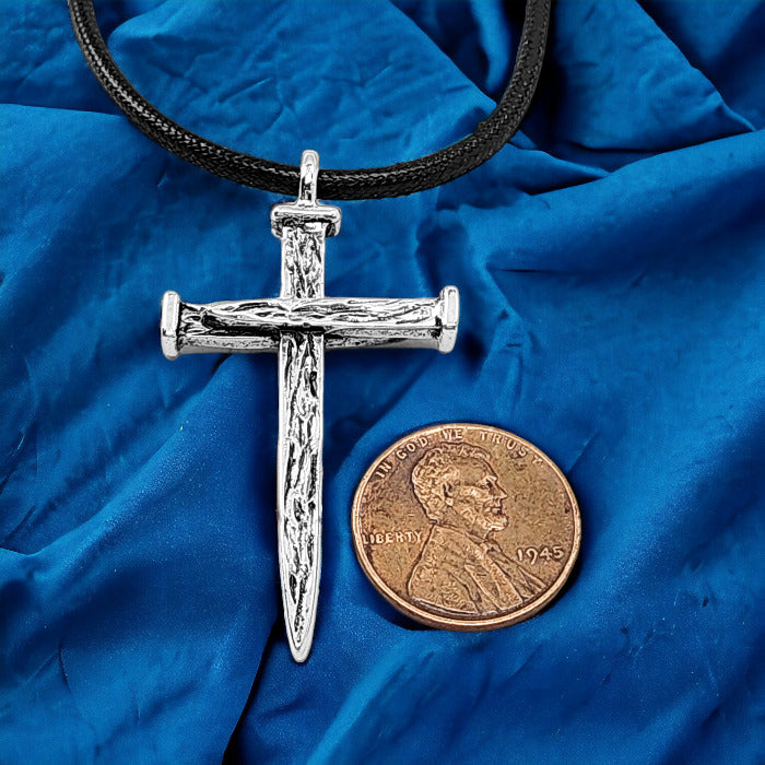 Nail Cross Large Rugged Rhodium Metal Finish Pendant Black Cord Necklace