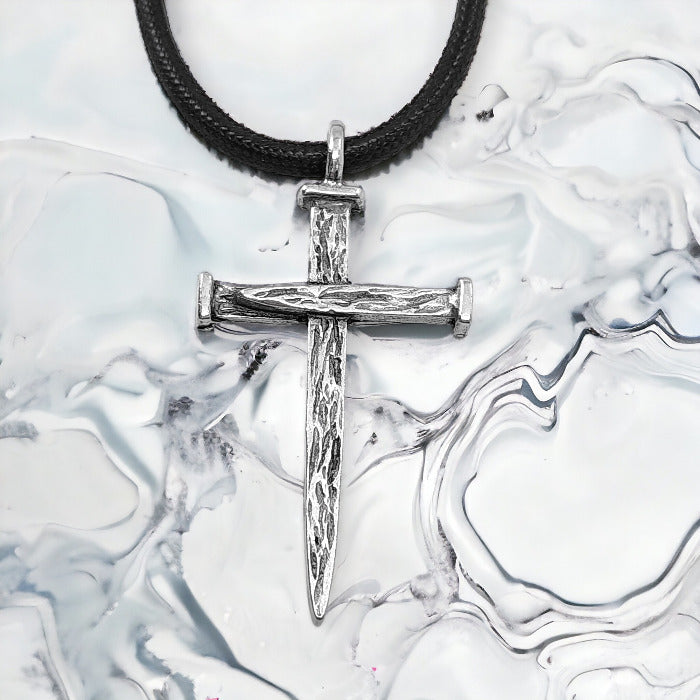Nail Cross Large Rugged Antique Silver Finish Pendant Black Cord Neckl –  Forgiven Jewelry