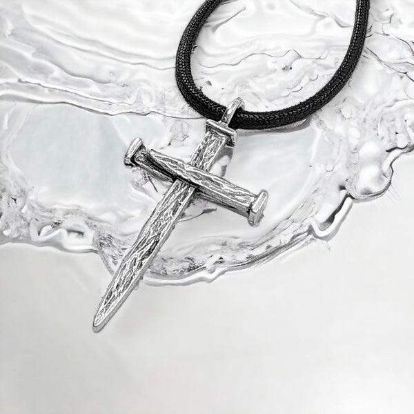 Nail Cross Large Rugged Antique Silver Finish Pendant Black Cord Necklace