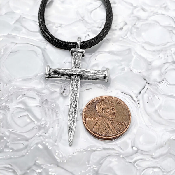 Nail Cross Large Rugged Antique Silver Finish Pendant Black Cord Necklace
