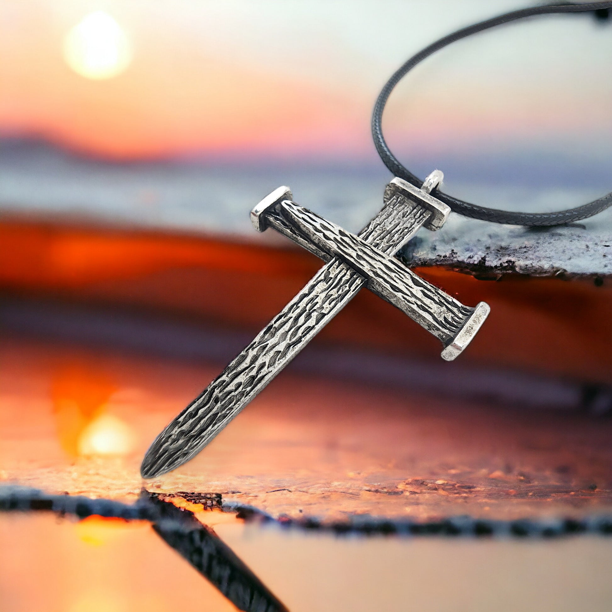 Leo Nail Cross Antique Silver Metal Finish Pendant (leo-rub) Black Cord Necklace