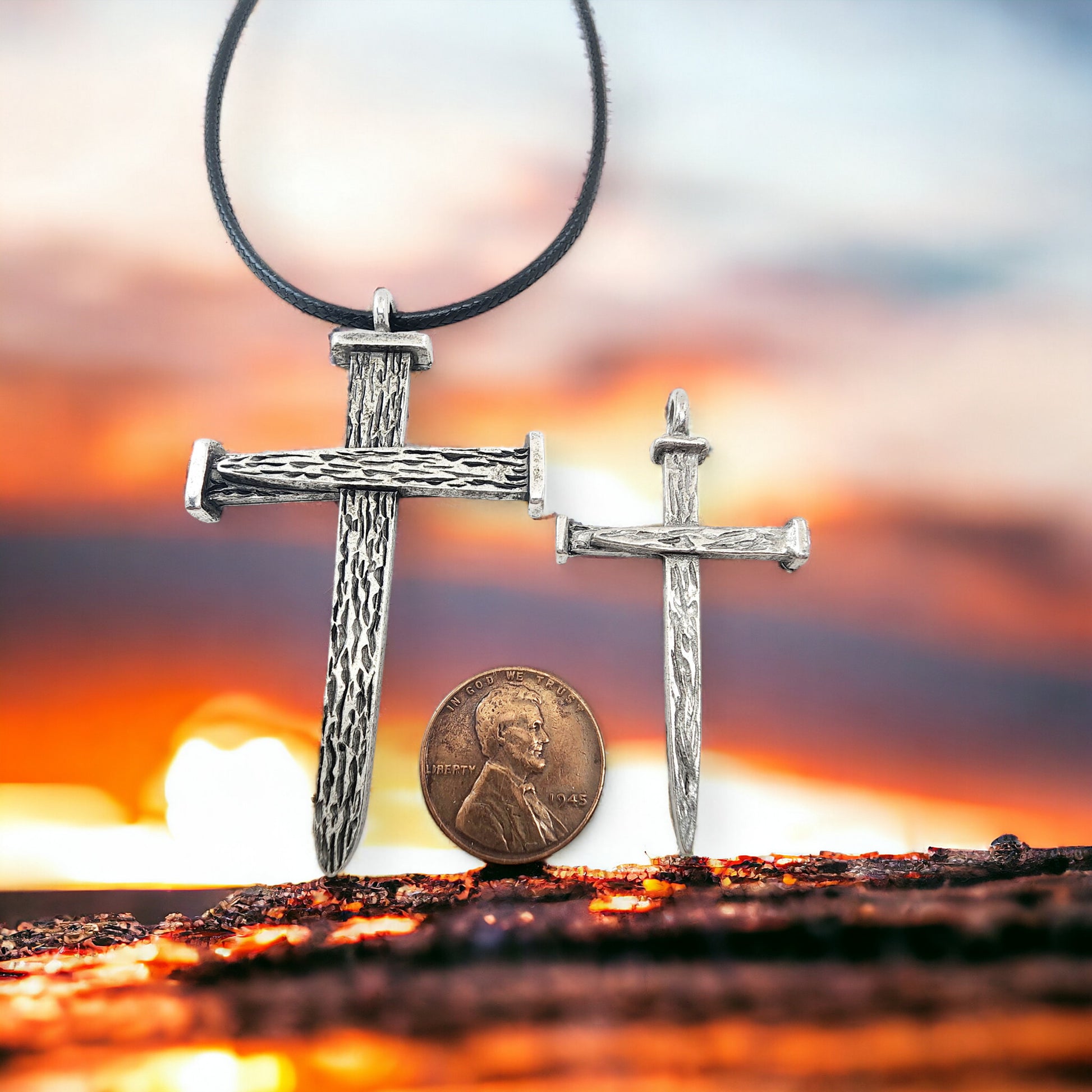 Leo Nail Cross Antique Silver Metal Finish Pendant (leo-rub) Black Cord Necklace