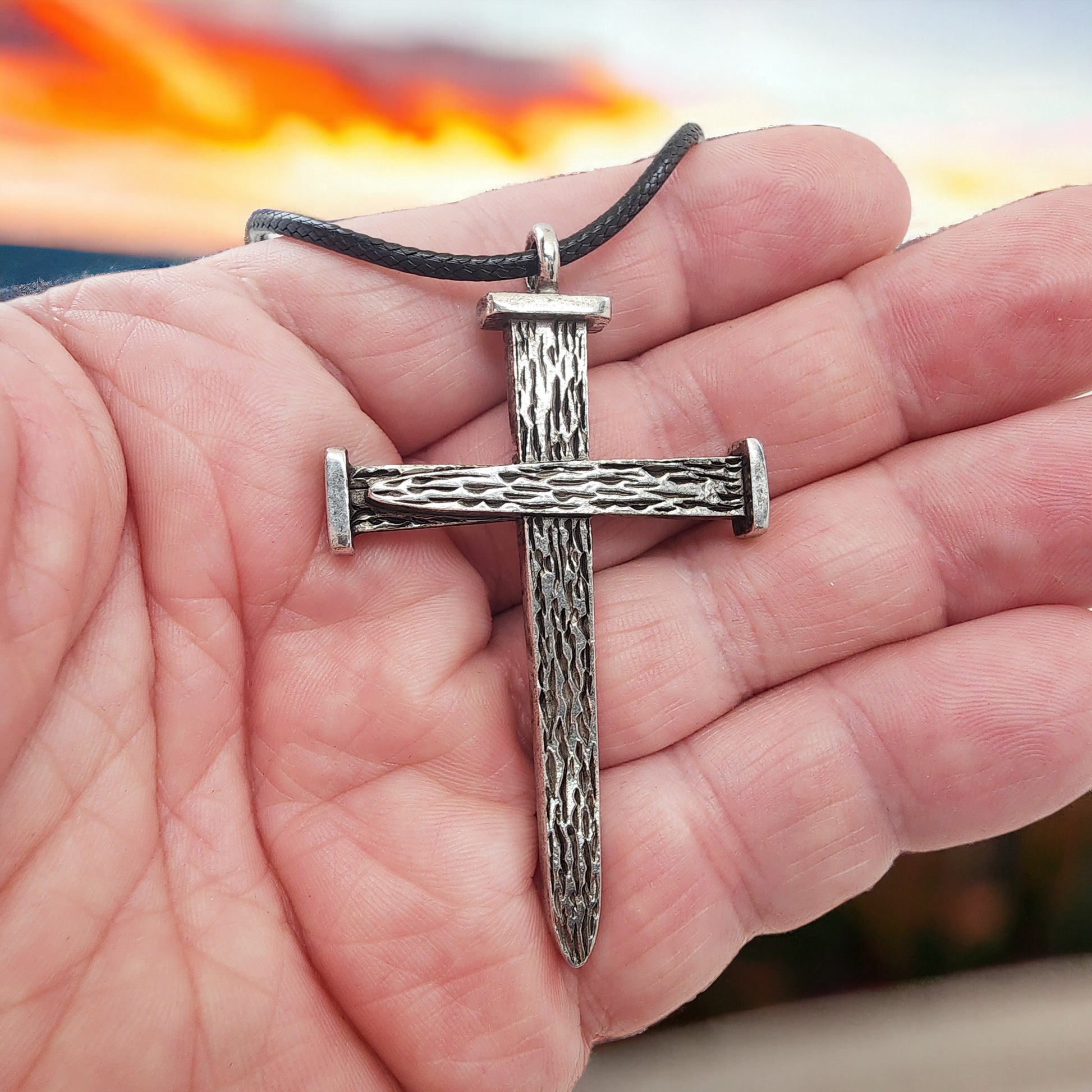 Leo Nail Cross Antique Silver Metal Finish Pendant (leo-rub) Black Cord Necklace