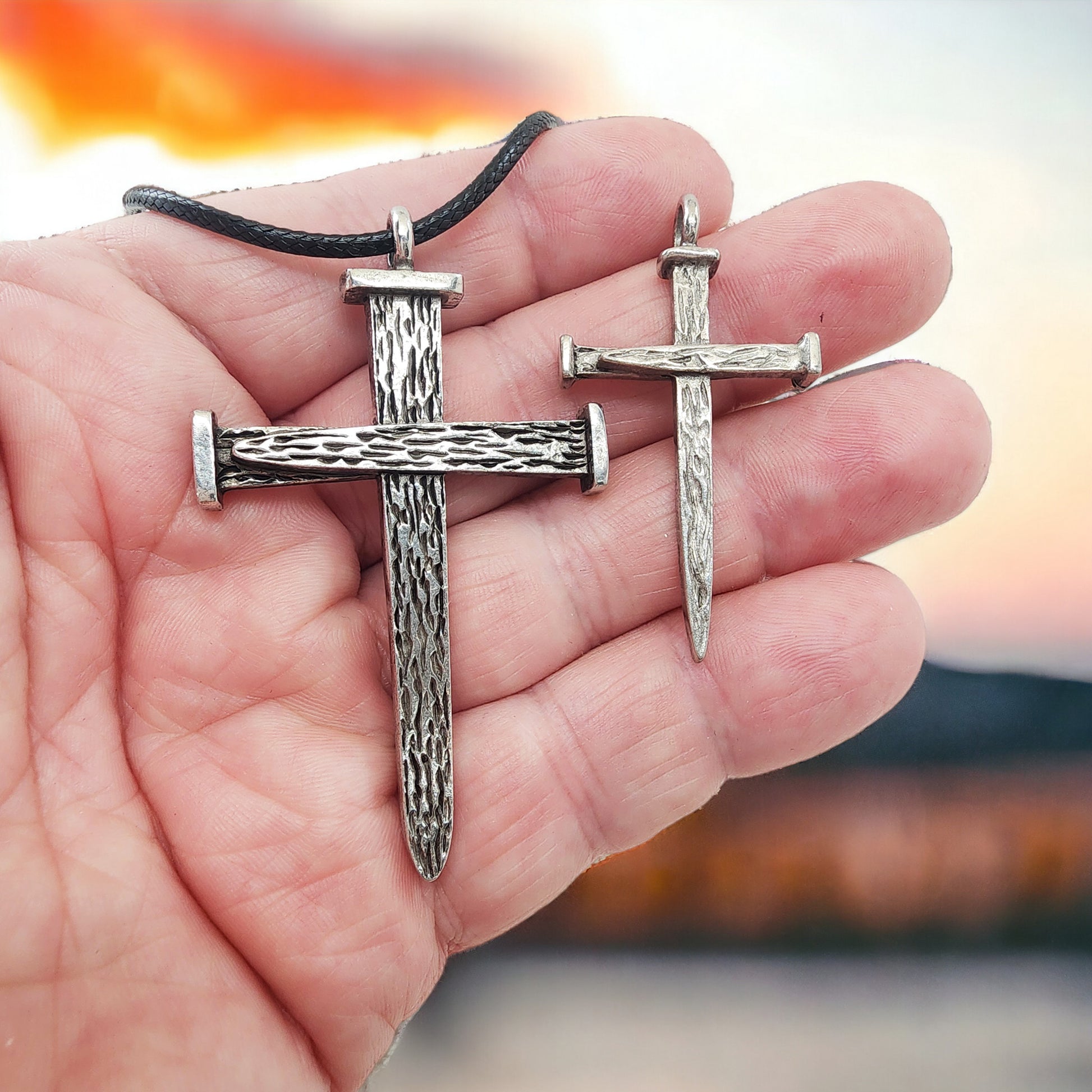 Leo Nail Cross Antique Silver Metal Finish Pendant (leo-rub) Black Cord Necklace