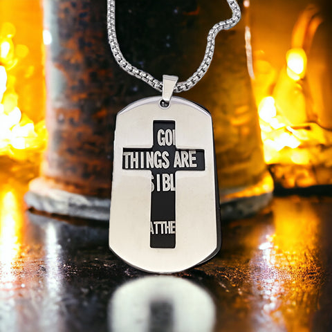 Cross Tag All Things Are Possible With God Stainless Steel Heavy Chain Necklace