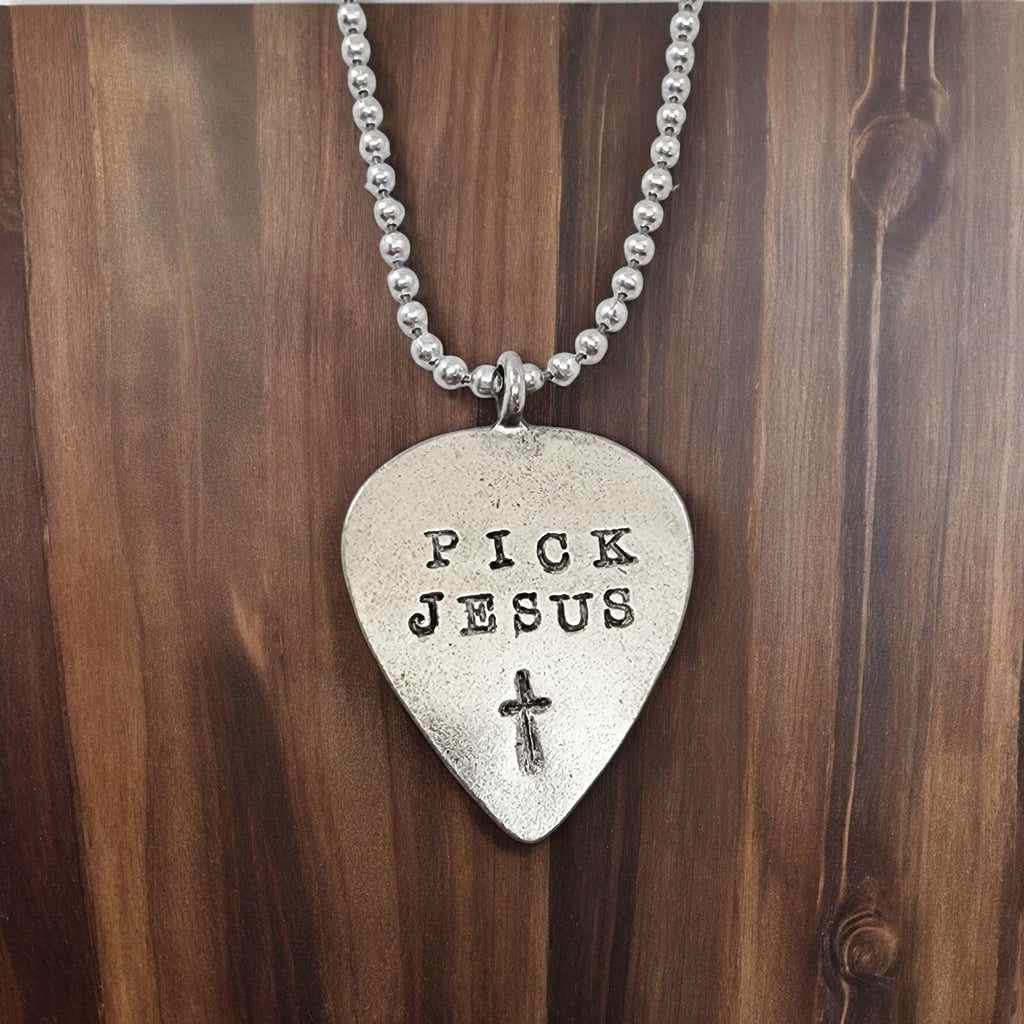 Pick Jesus Cross Guitar Pick Antique Silver Finish Pendant Ball Chain Necklace